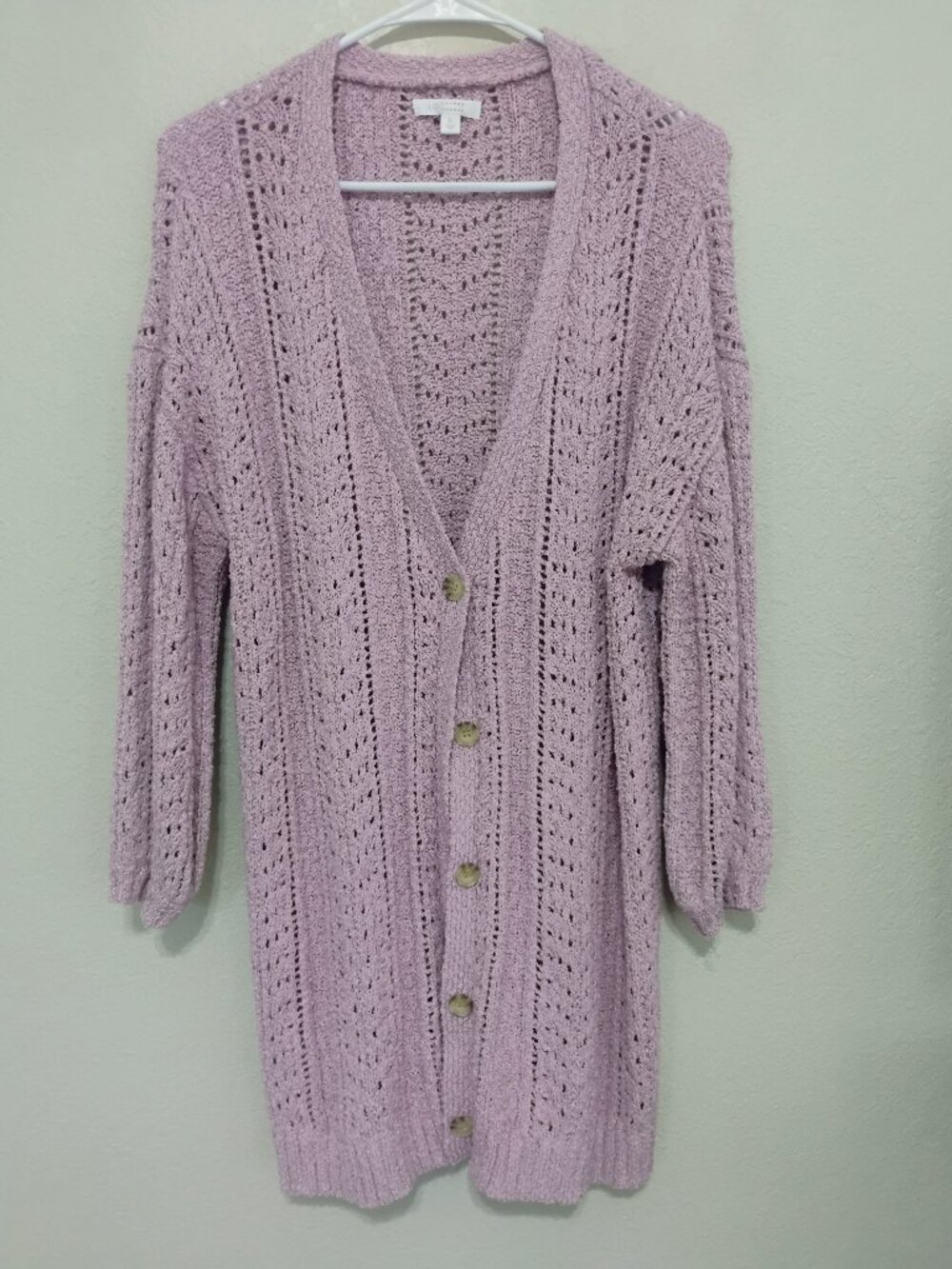 LC Lauren Conrad L Mauve Pink Open Knit Long Cardigan Sweater